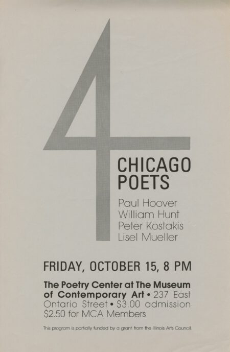 4 Chicago Poets: Paul Hoover, William Hunt, Peter Kostakis, Lisel Mueller Poster